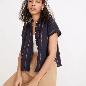 Madewell Hilltop Short Sleeve Button Down Top in Navy Blue Jacquard Stripe Sz M